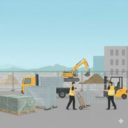 Mitarbeiter von Monkey Security liefern und montieren stabile Bauzäune auf einer Baustelle in Augsburg zur Sicherung des Geländes.