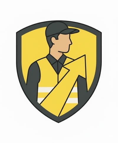 Stilisiertes Icon eines Schildes mit Wachmann in gelber Weste und aufsteigendem Pfeil, symbolisiert den aktiven Personen- und Veranstaltungsschutz durch Monkey Security in Augsburg.