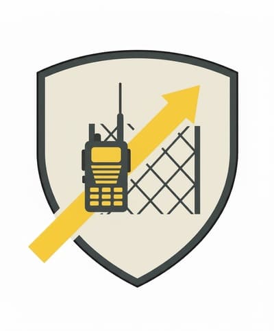 Stilisiertes Icon eines Schildes mit Funkgerät und Bauzaun im Vordergrund, das die Sicherheits- und Verleihdienste von Monkey Security in Augsburg symbolisiert.