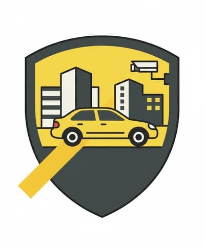 Stilisiertes Icon auf einem Schild: Überwachungskamera über Auto vor Gebäuden, symbolisiert Objektschutz und Parkraumüberwachung von Monkey Security.