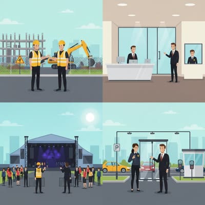 Illustration von Baustellenbewachung, Empfangsdienst, Eventsicherheit und Parkraummanagement durch Monkey Security in Augsburg.